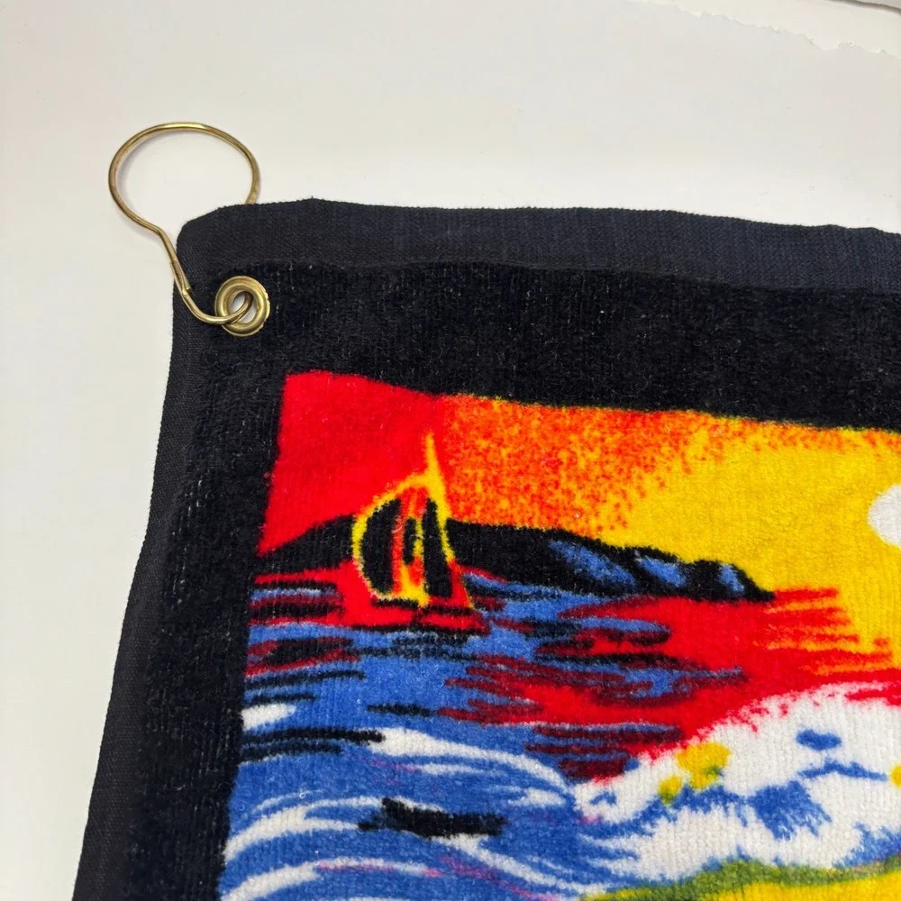 VTG Black Hawaii Hand Towel w Hook Sea Life Whales Dolphins Ocean Retro Colorful